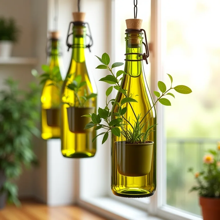 Jardins suspensos criados com garrafas de azeite reaproveitadas.