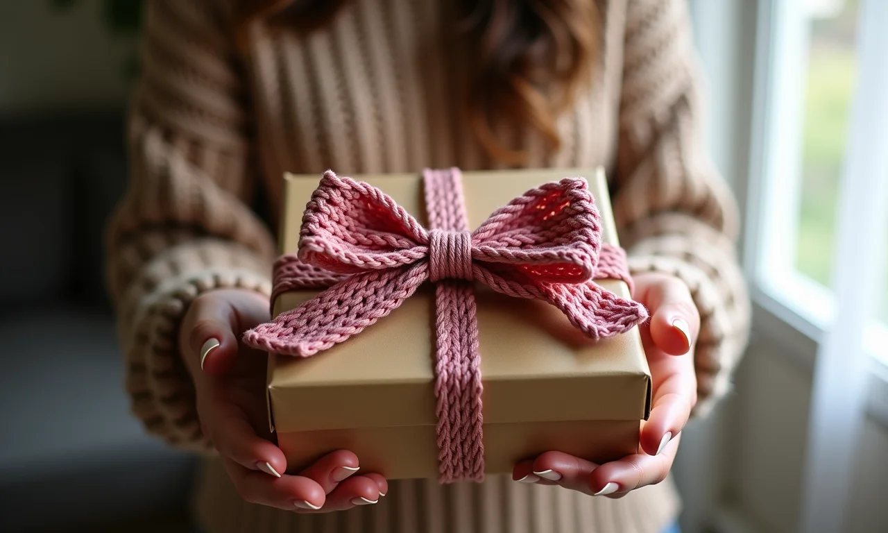 Laço de crochê adornando um presente.