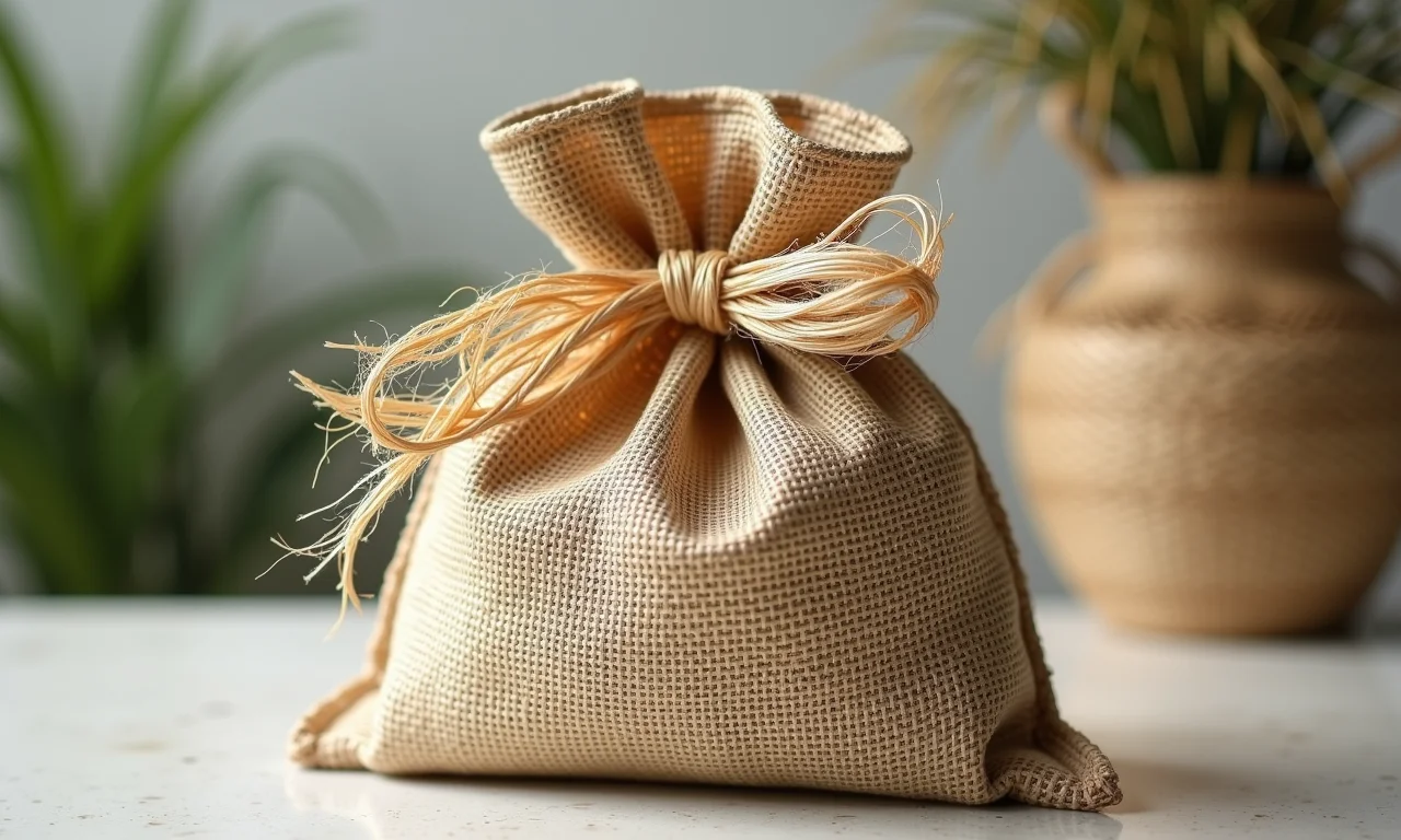 Laço de ráfia adornando uma sacola de juta natural.