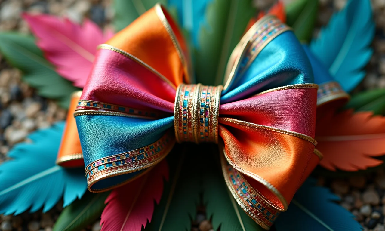 Laço decorado com penas coloridas.