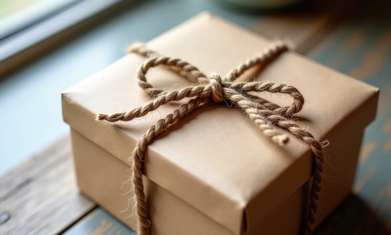 Laço rústico de barbante adornando uma caixa de presente de papel kraft.
