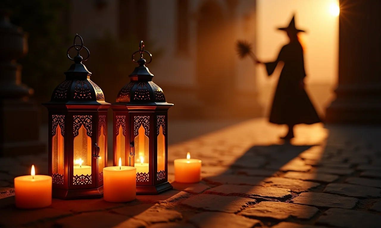 Lanternas marroquinas com velas e silhuetas de bruxas.
