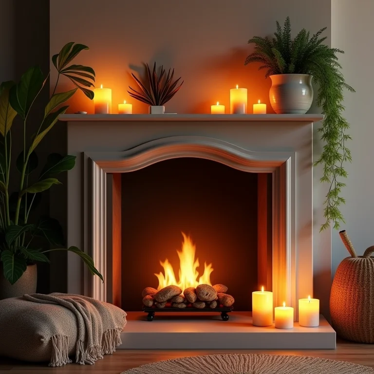 Lareira decorada com velas, plantas e tecidos aconchegantes.