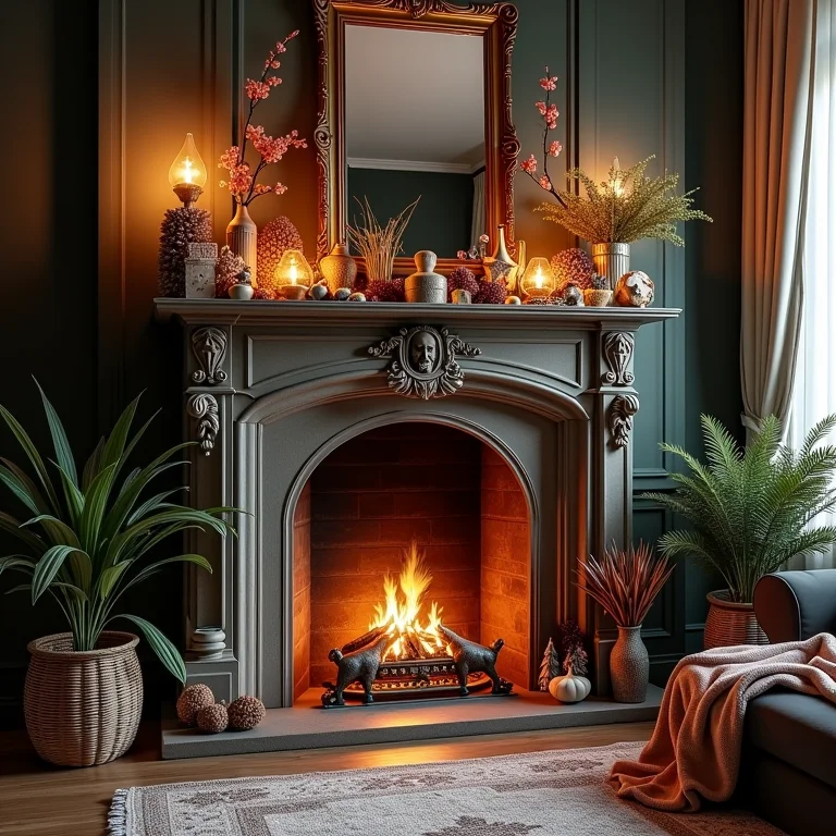 Lareira excessivamente decorada com muitos enfeites.