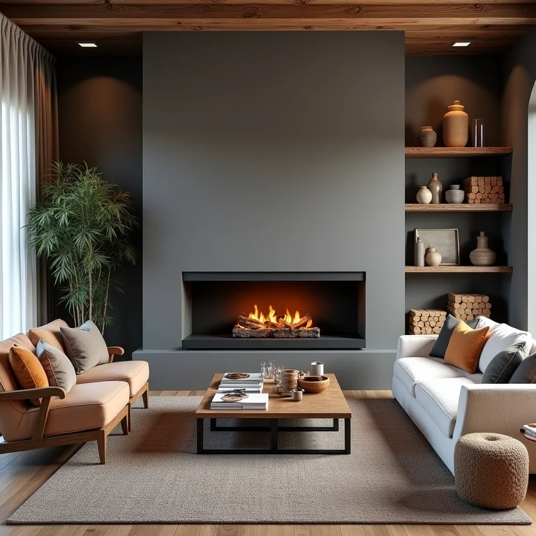 Lareira moderna contrastando com decoração rústica, mostrando a importância de harmonizar estilos.