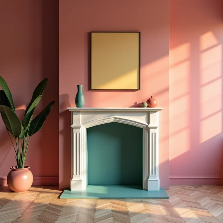 Lareira pintada com cores inadequadas que não harmonizam com a paleta da sala.