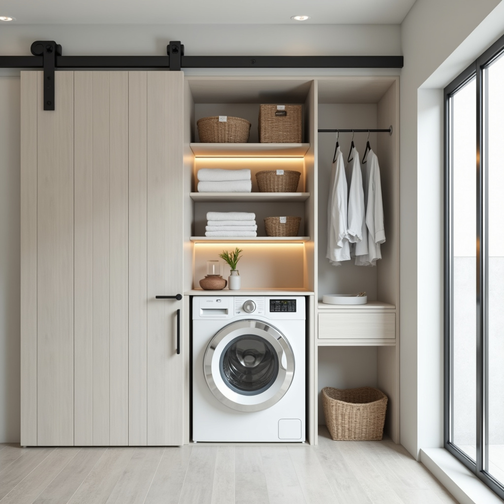 Laundry area integrated with service area, light colors, shelves, sliding door, professional Lavanderia integrada com área de serviço.
