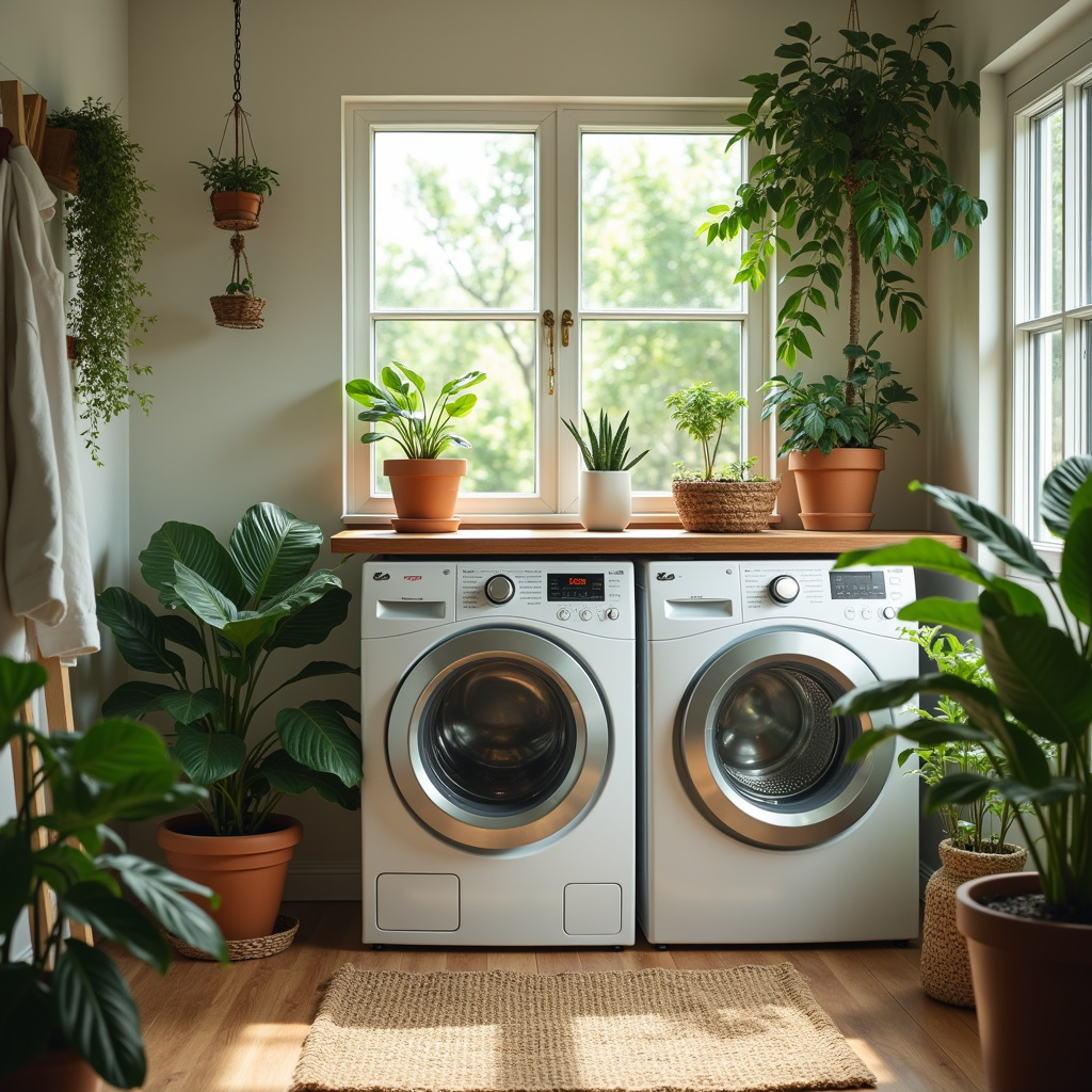 Laundry room decorated with plants, natural light, vibrant colors, professional photography, 8K Lavanderia decorada com plantas.