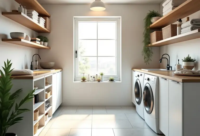 Lavanderia organizada e funcional com design moderno.