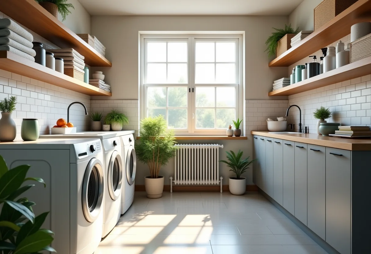 Lavanderia organizada e funcional com iluminação natural