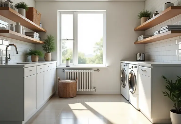 Lavanderia organizada e funcional com luz natural