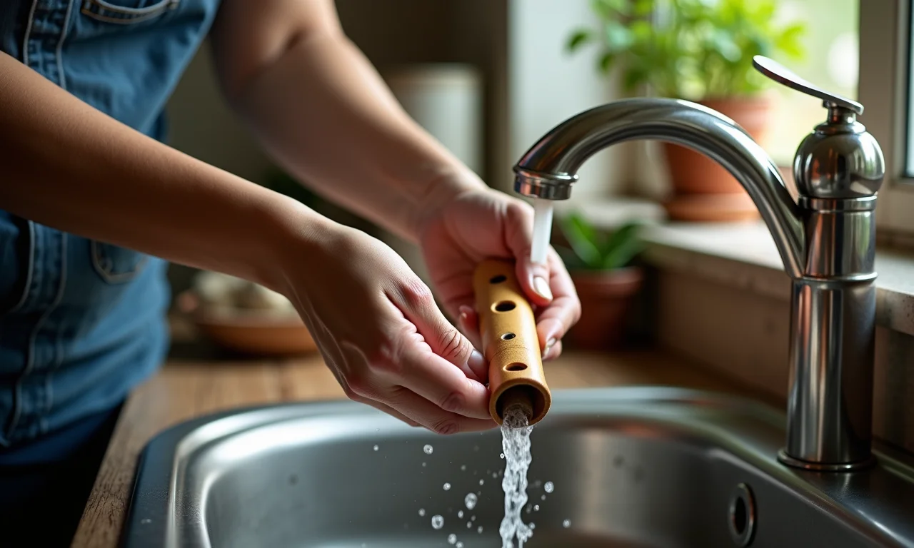 Lavando as partes da flauta doce em água corrente.