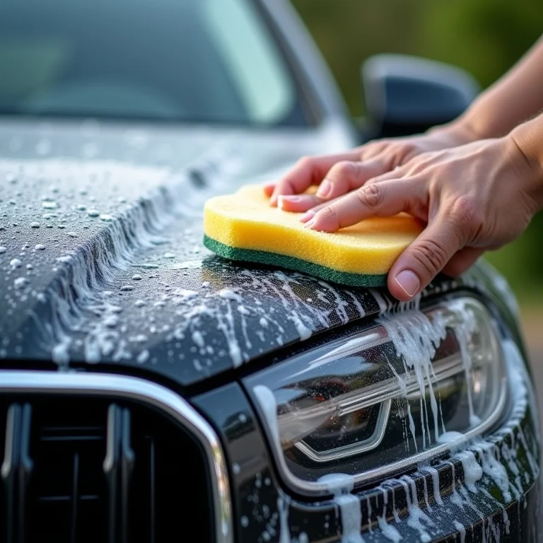 Lavando carro com esponja macia e água com sabão