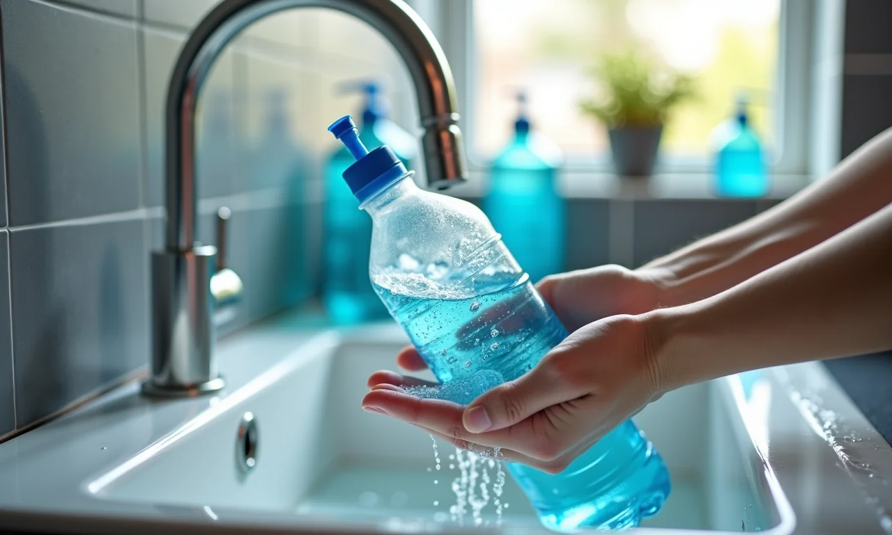 Lavando garrafas PET com produtos de limpeza.