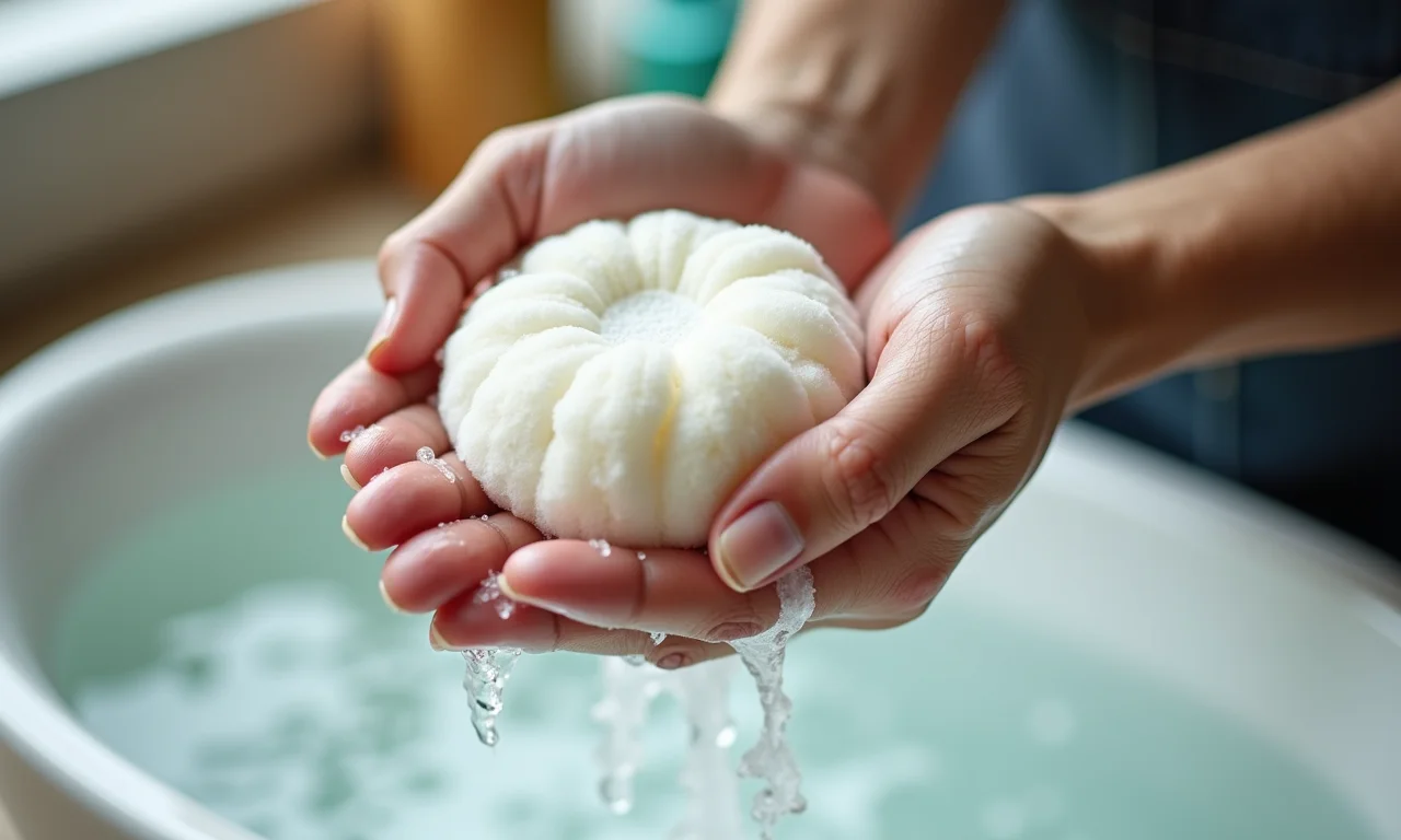 Lavando um puff feito em casa com cuidado.