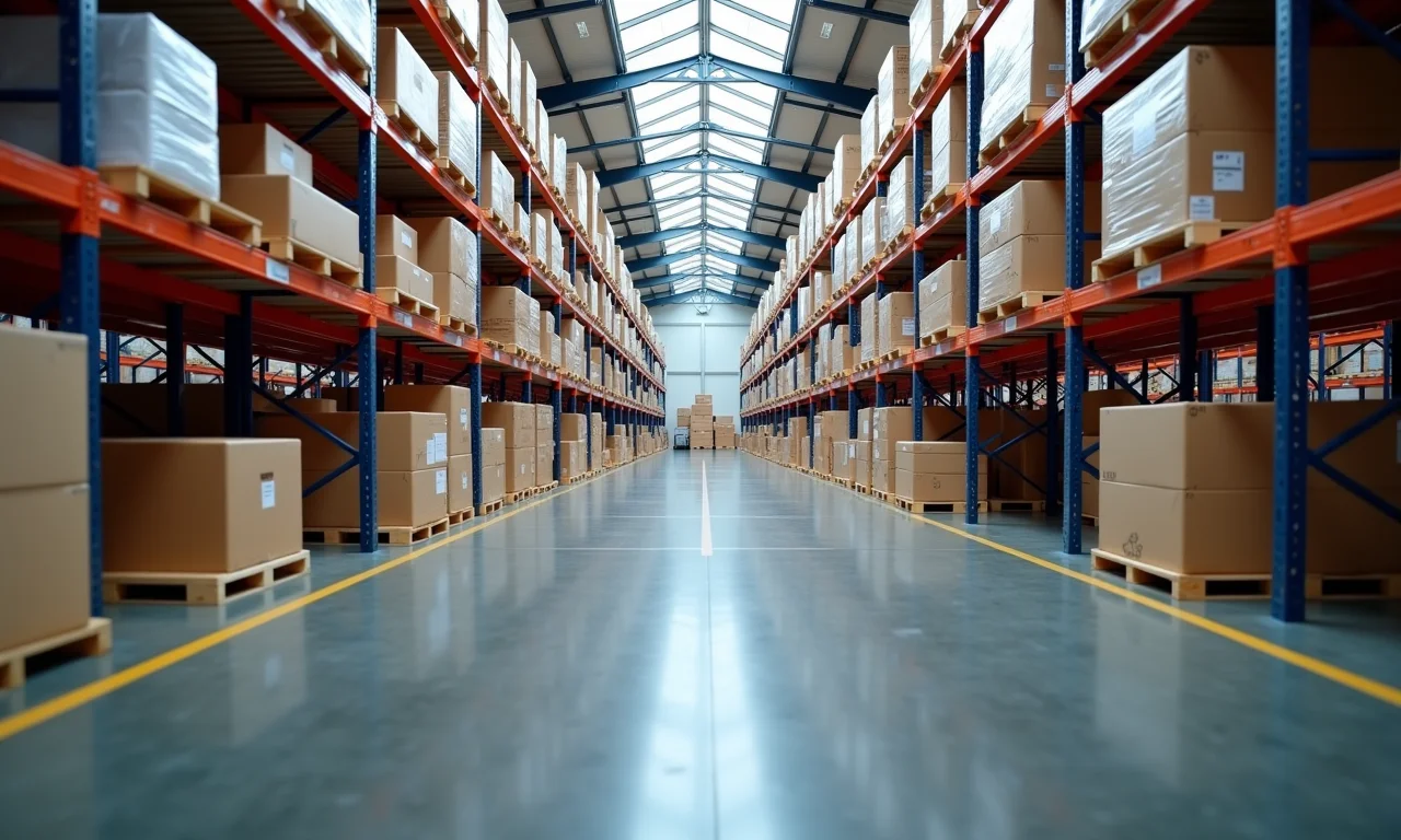 Layout otimizado de um armazém com caminhos claros.