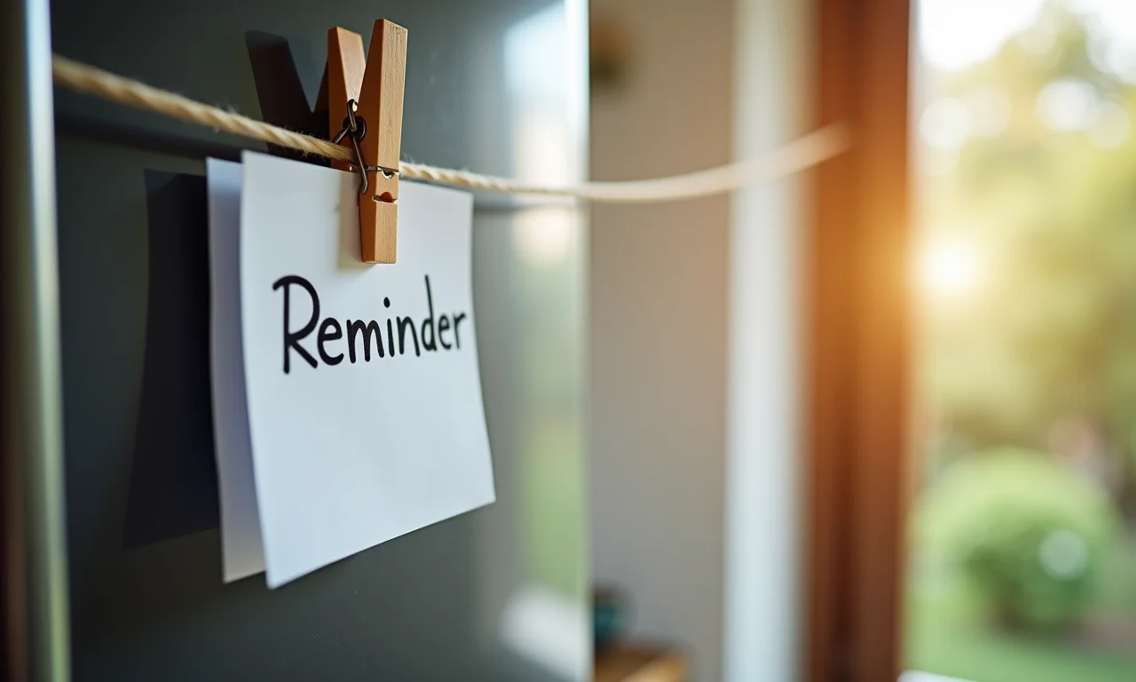 Lembrete importante preso com pregador na geladeira.