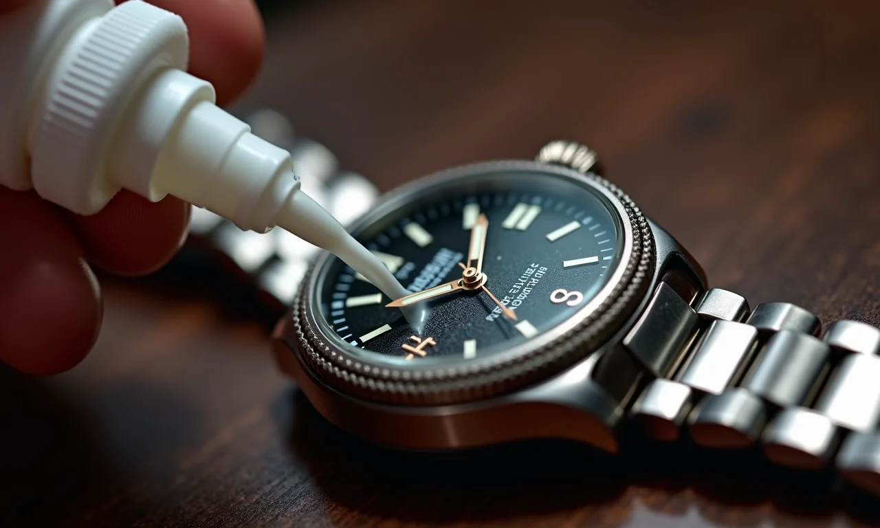 Limpando a pulseira do relógio com solução de limpeza.