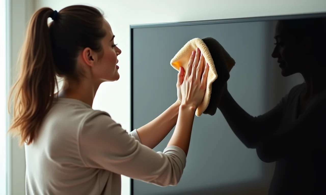 Limpando a tela da TV suavemente com movimentos circulares.