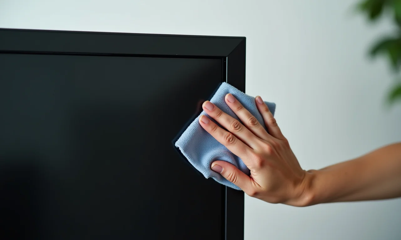 Limpando as bordas e a parte traseira da TV com atenção.
