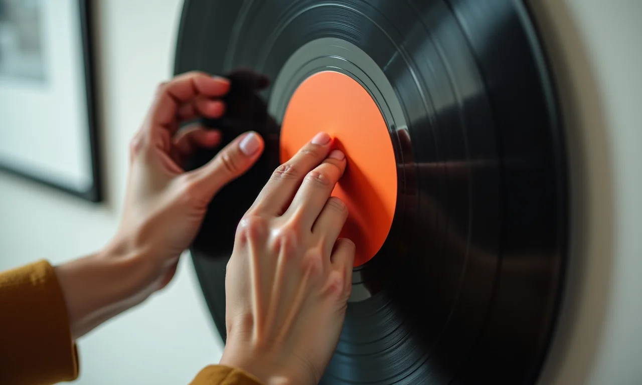 Limpando discos de vinil antes de pendurar na parede.