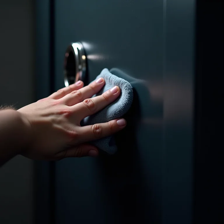 Limpeza cuidadosa da parte externa de um cofre com um pano macio, preservando o acabamento.