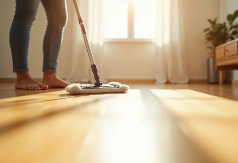 Limpeza de piso com rodo mágico em casa ensolarada