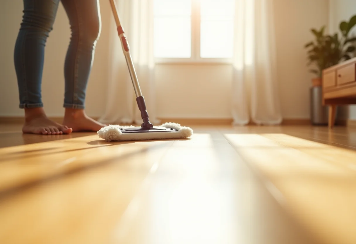Limpeza de piso com rodo mágico em casa ensolarada