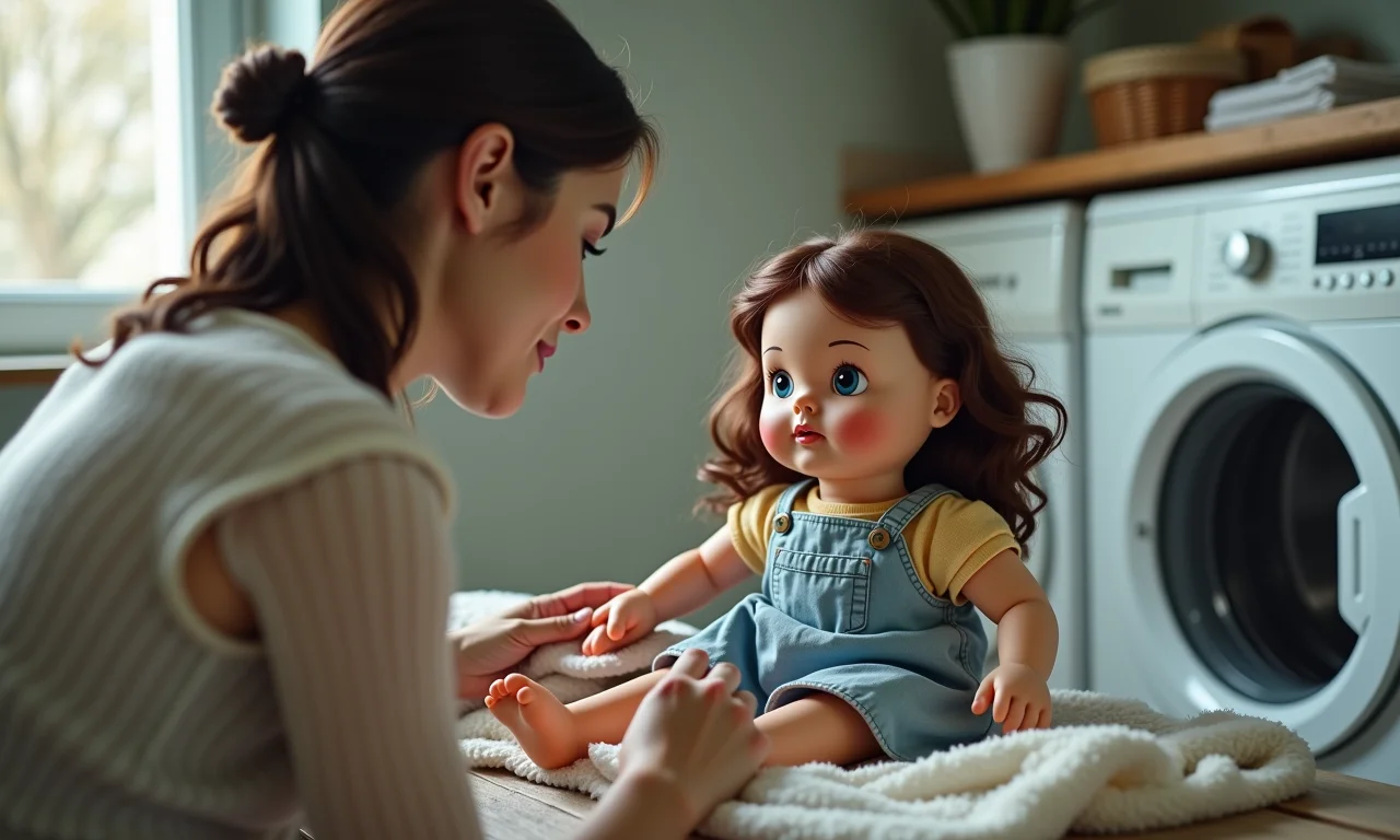 Limpeza delicada de uma boneca de pano antiga.