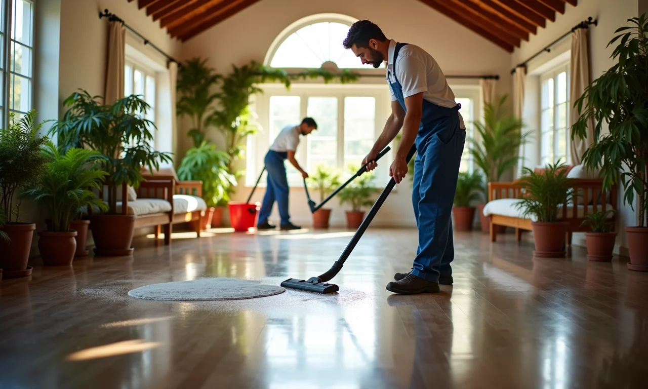 Limpeza detalhada de um espaço interno para eventos, estilo Farm Rio.