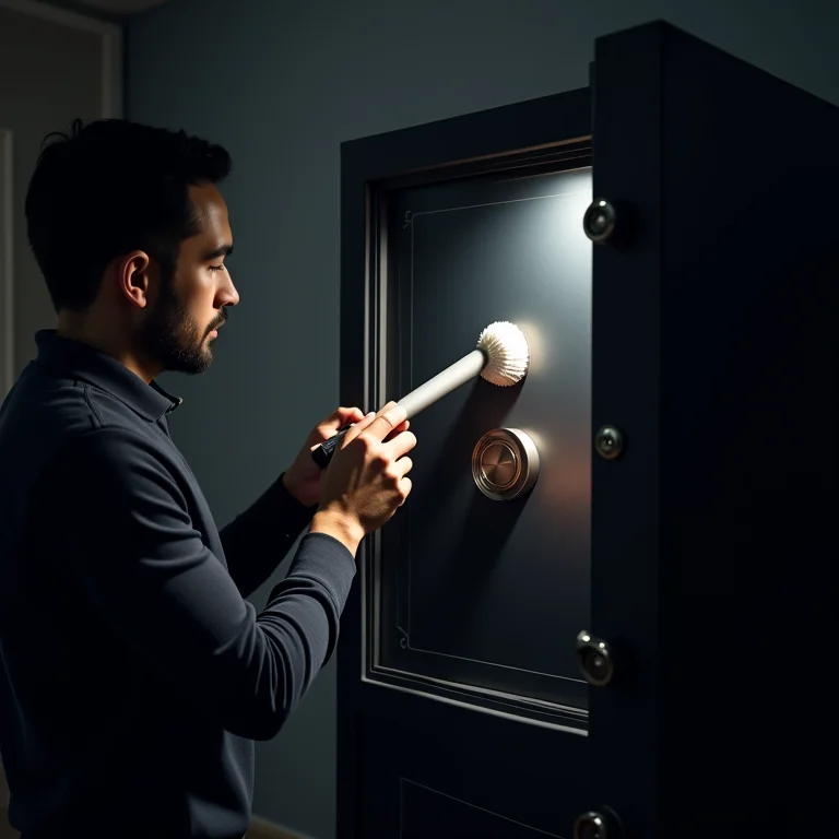 Limpeza interna de um cofre com aspirador e escova macia, removendo poeira e resíduos.