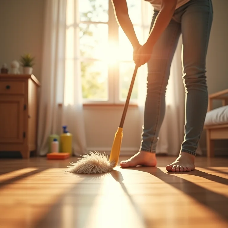 Limpeza profunda do chão de um quarto com luz solar.