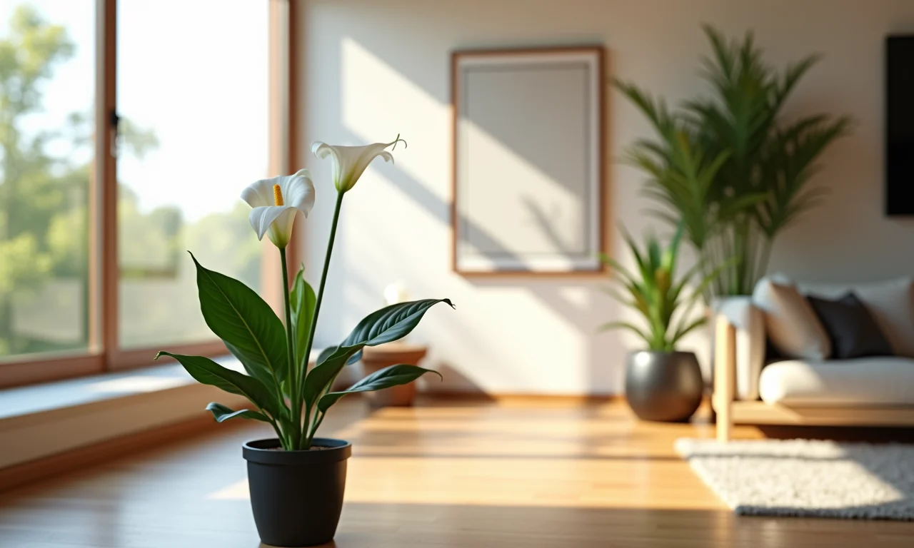 Lírio da paz elegante em sala de estar moderna com luz natural.