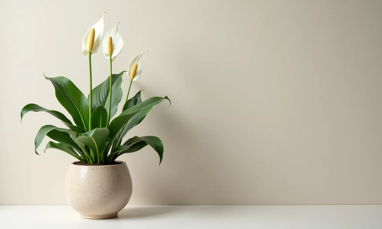 Lírio da paz em um vaso de cerâmica estiloso.