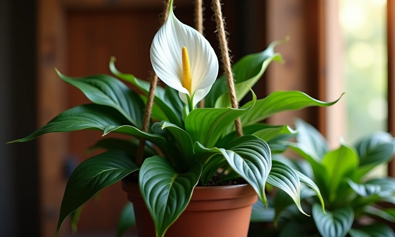 Lírio da paz em vasos suspensos, decoração criativa.