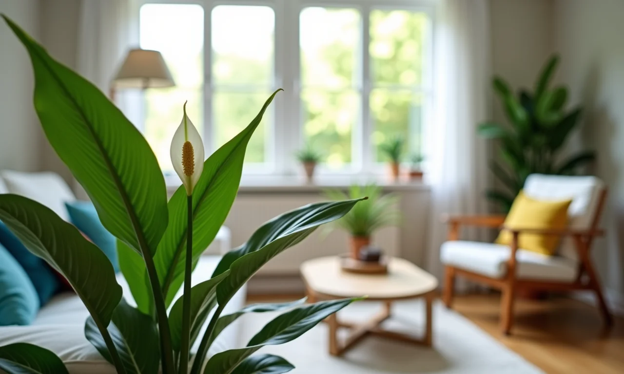 Lírio da paz exuberante em sala de estar iluminada, com decoração brasileira.