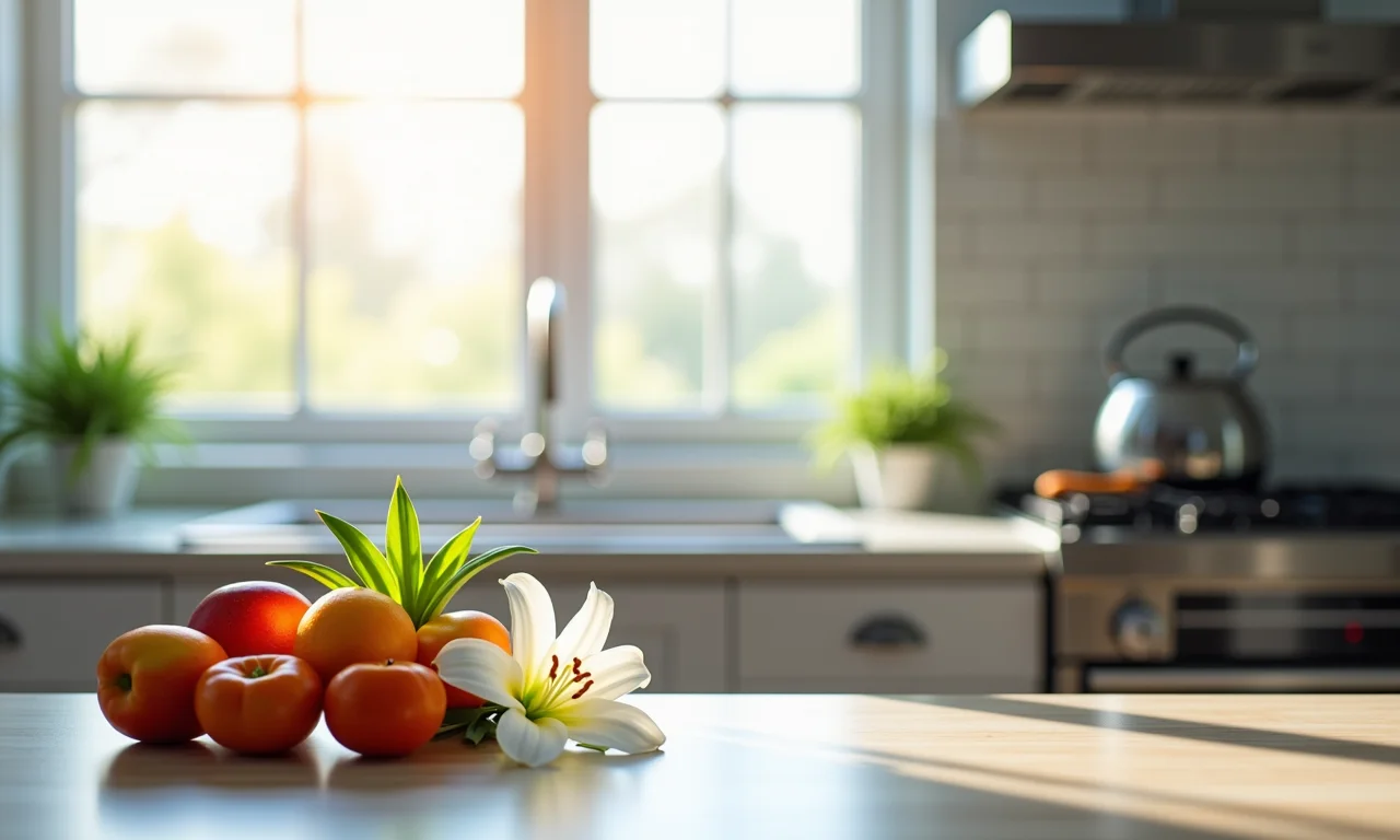 Lírio da paz na cozinha, trazendo vida e cor ao ambiente.