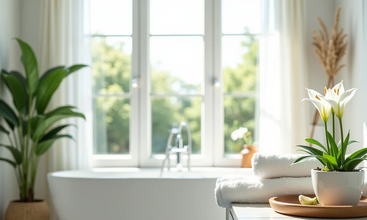 Lírio da paz no banheiro, adicionando frescor e sofisticação.