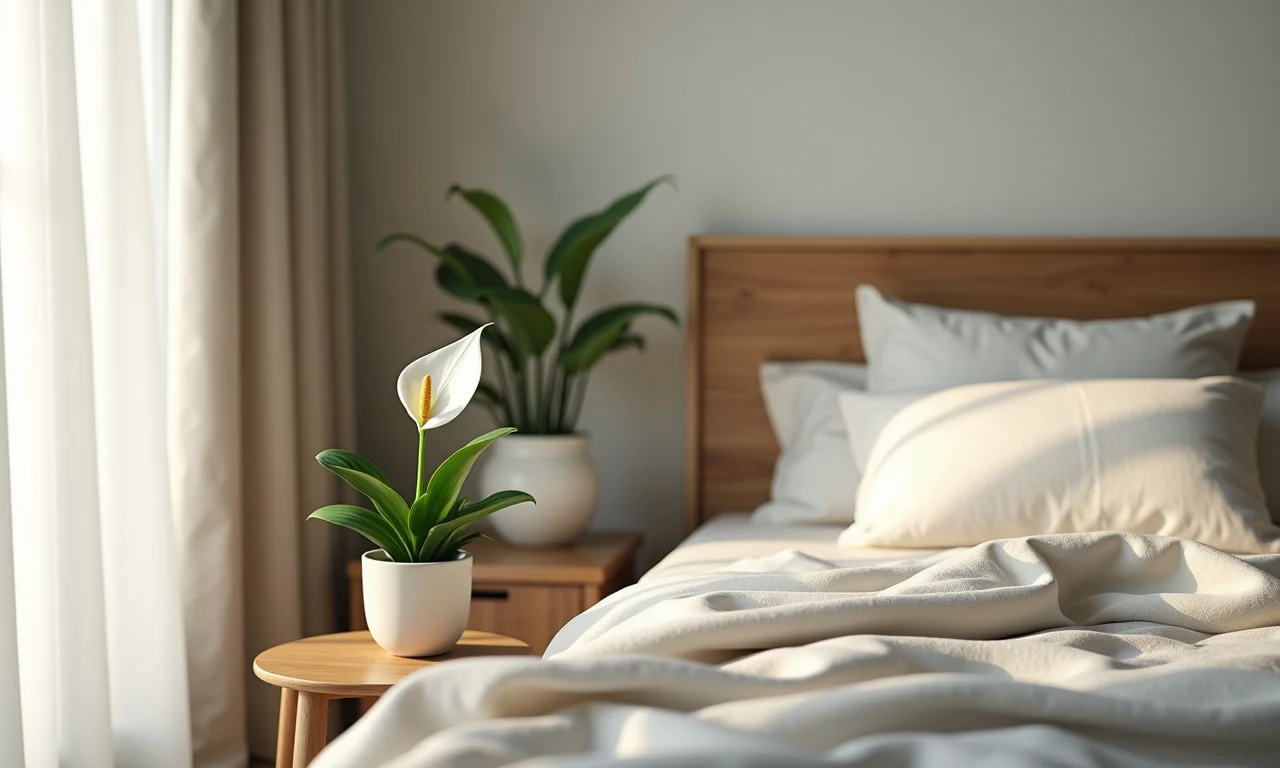 Lírio da paz no quarto, promovendo relaxamento e harmonia.