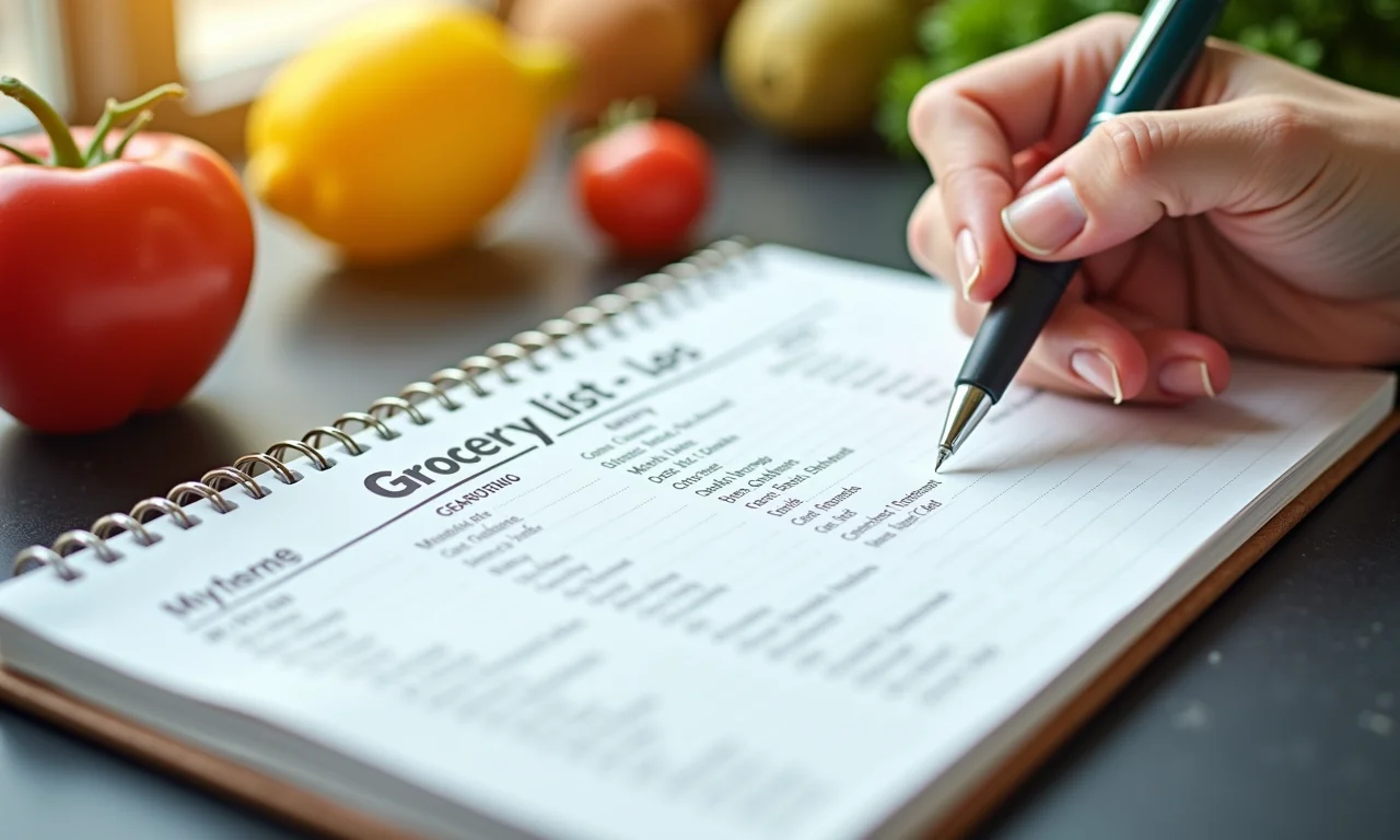 Lista de compras organizada por seções do supermercado em um bloco de notas.