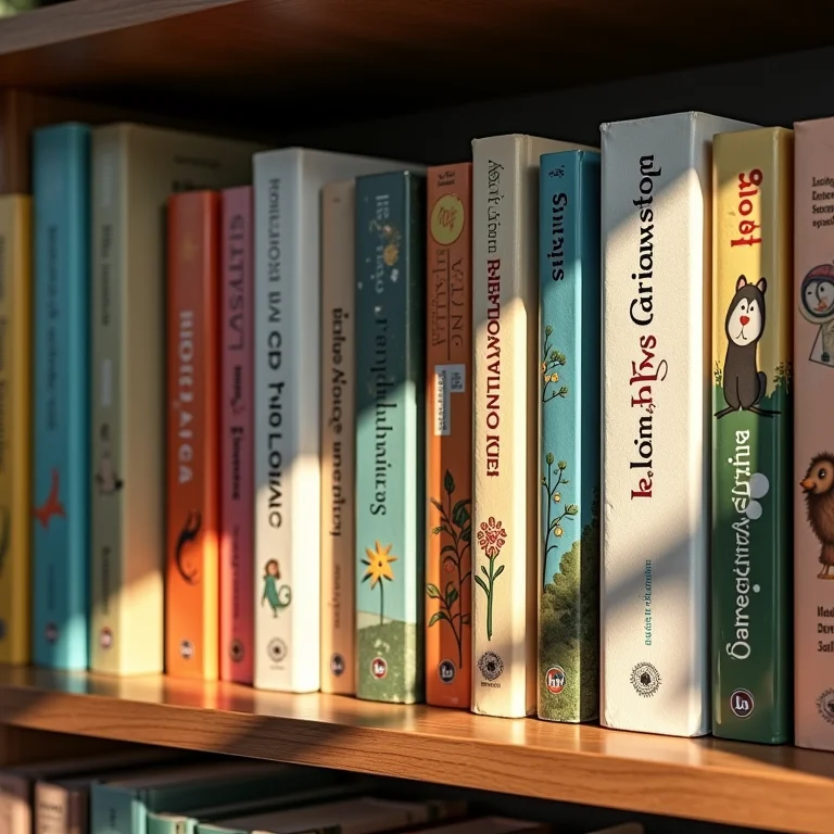 Livros infantis organizados por tema em uma estante