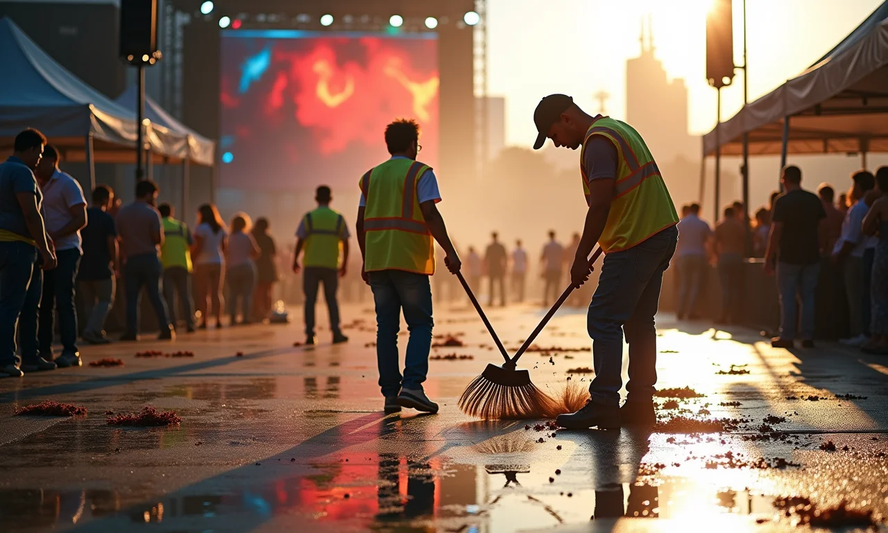Local de show ao ar livre sendo limpo após o evento, equipe removendo detritos.