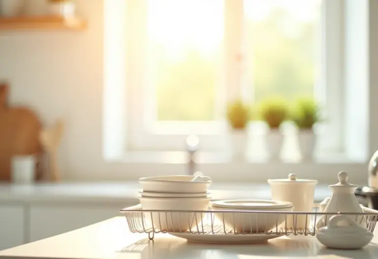 Louça secando em escorredor de pratos moderno