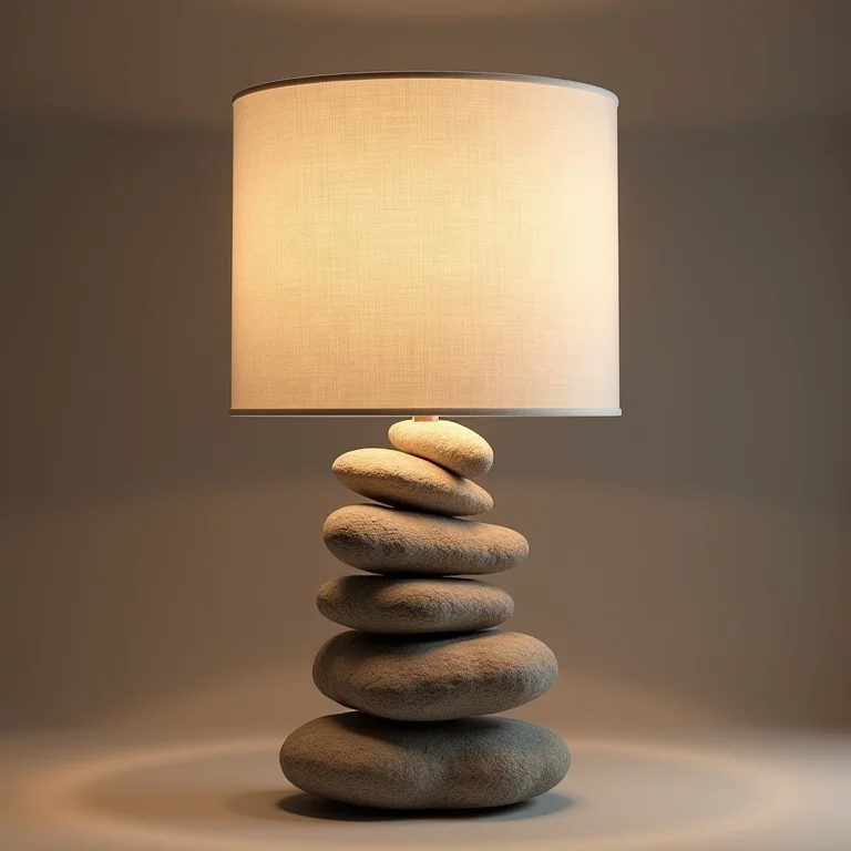 Luminária com base de pedras e cúpula de linho.