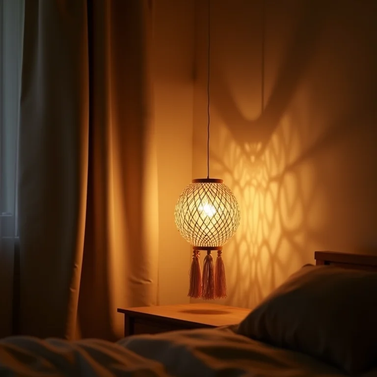 Luminária de macramê iluminando um quarto
