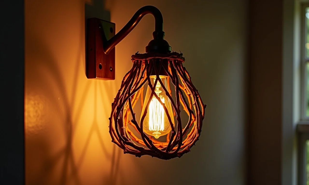 Luminária rústica feita com galhos secos em um quarto aconchegante.