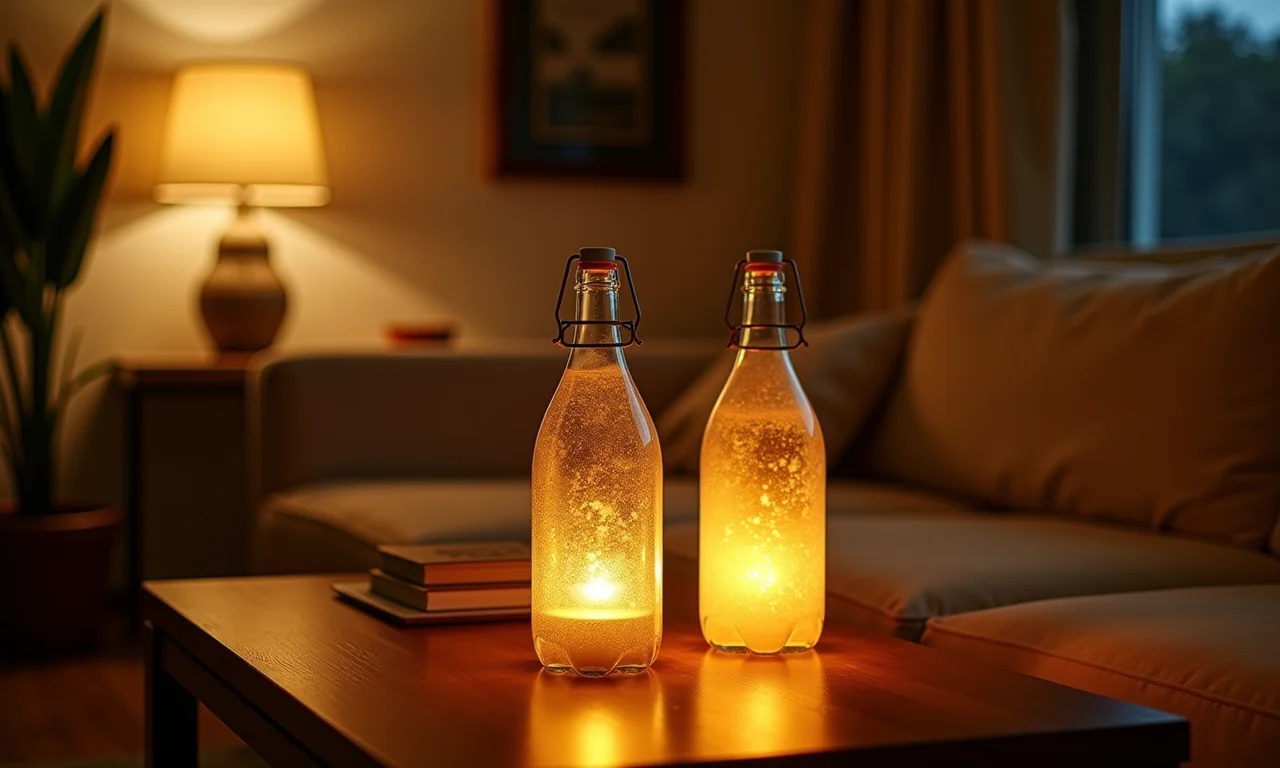 Luminárias charmosas feitas de garrafas PET com luz quente em uma sala de estar.