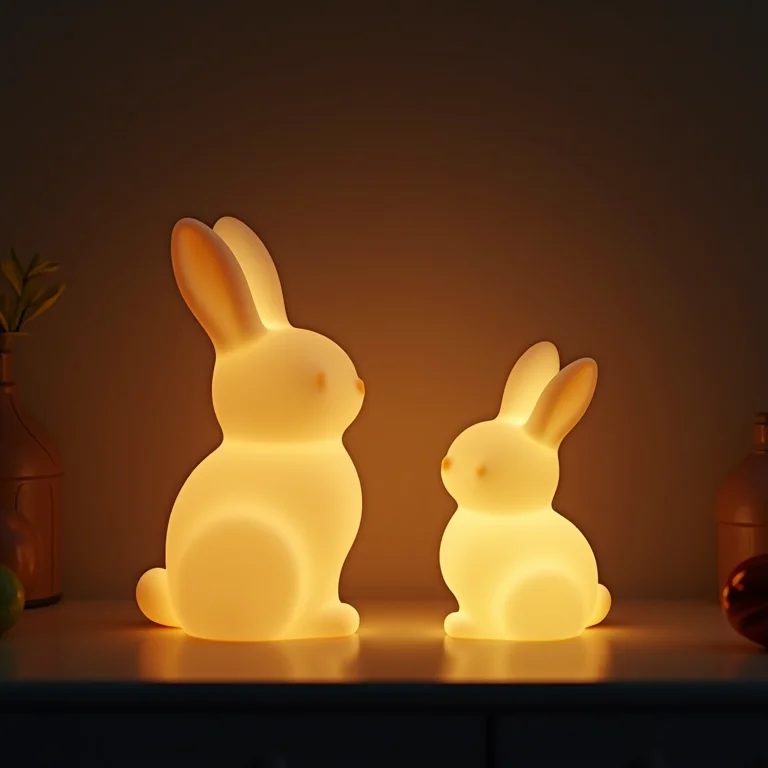 Luminárias de coelhinho iluminando um quarto infantil.