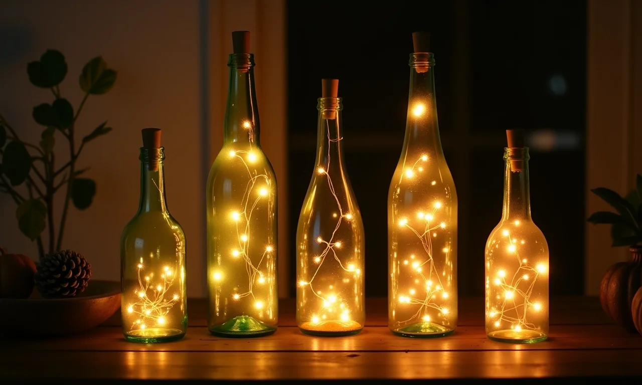 Luminárias feitas com garrafas de vidro recicladas e luzes de fada.