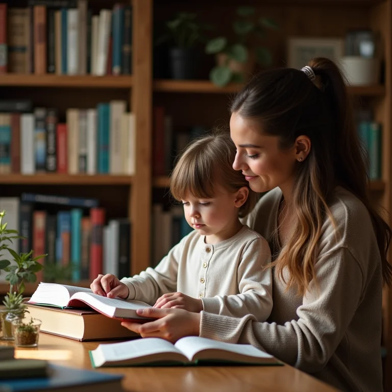 Mãe e filho organizando livros juntos